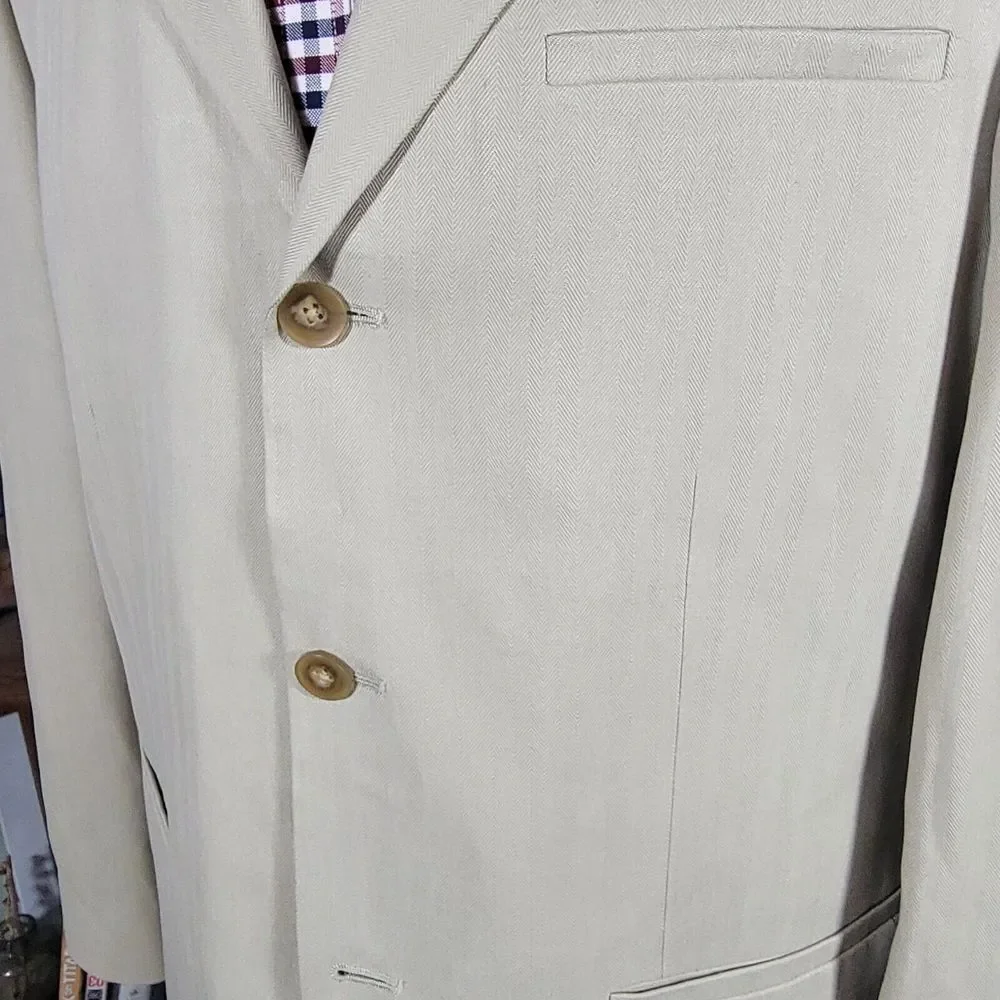 Geoffrey Beene Men's Sport Coat Blazer Three Button Beige Herringbone Silk‎ 41R